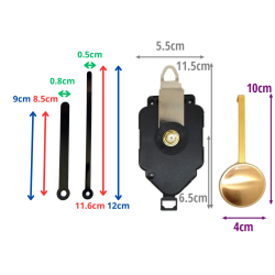 Mécanisme d'horloge à balancier + aiguilles droites bouts arrondis 8.5/12cm