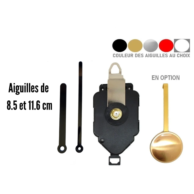 Mécanisme d'horloge à balancier + aiguilles droites bouts arrondis 8.5/12cm